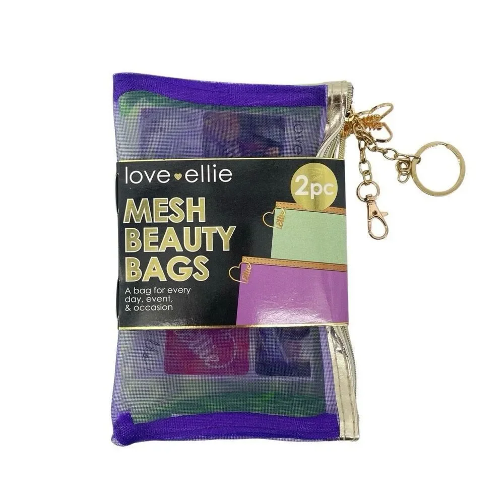 Love Ellie 2Pc Mesh Beauty Bags Set Purple Green Travel Cosmetic Pouches NIP
